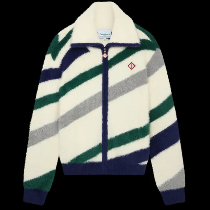 Diagonal Striped Fluffy Zip Up Jumper