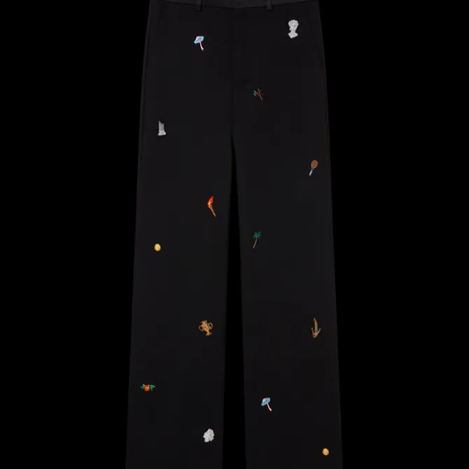 Embroidered Motif Wool Tailored Trousers