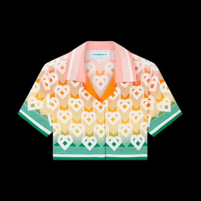 Gradient Heart Monogram Cropped Silk Shirt