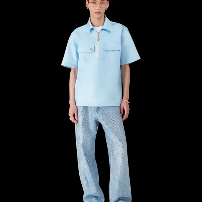 Satin Quarter Zip Short Sleeve Shirt