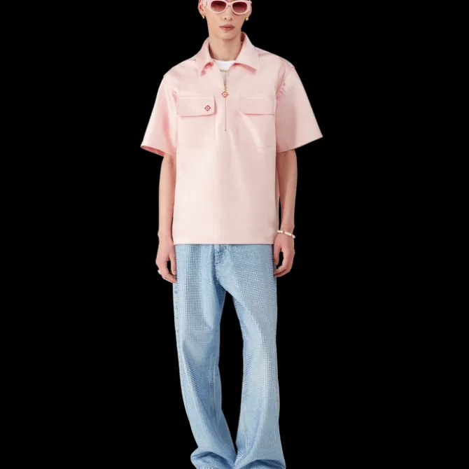 Satin Quarter Zip Short Sleeve Shirt