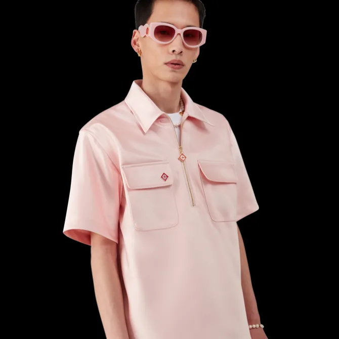 Satin Quarter Zip Short Sleeve Shirt