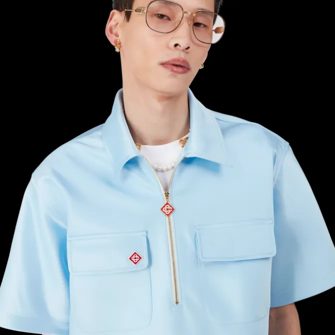 Satin Quarter Zip Short Sleeve Shirt