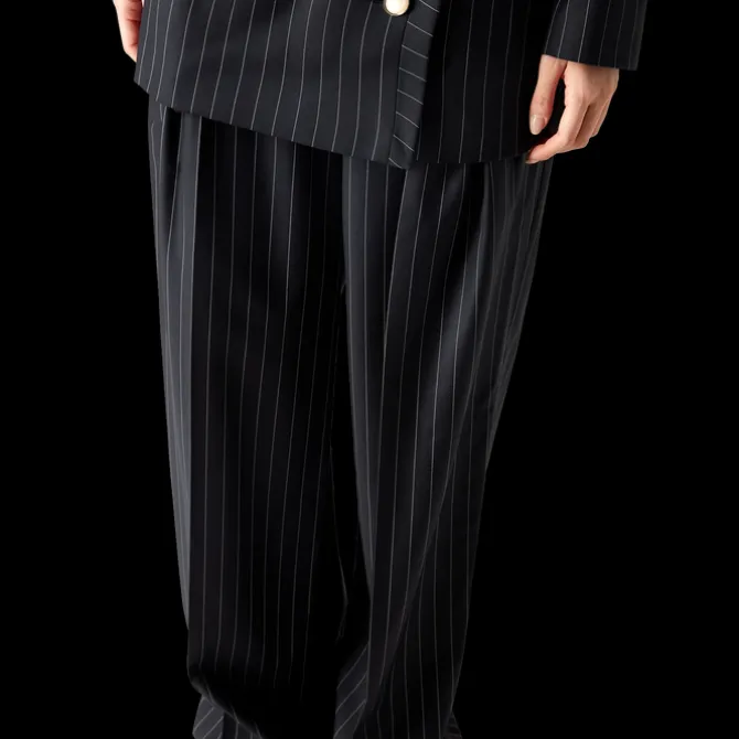 Wool Pinstripe Triple Pleat Tailored Trousers